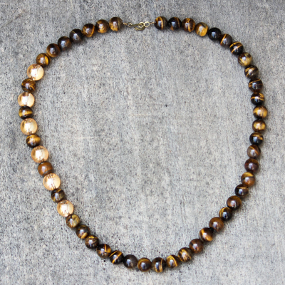 Tiger's eye and recycled glass beaded long necklace, 'Dromo Earth' - Tiger's Eye and Recycled Glass Beaded Long Necklace
