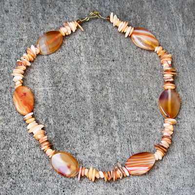 Agate and recycled glass beaded necklace, 'Angelic Earth' - Brown Agate and Recycled Glass Beaded Necklace from Ghana