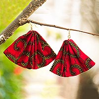 Cotton dangle earrings, 'Red Afiba' - Printed Cotton Dangle Earrings in Red from Ghana