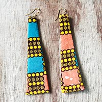 Cotton fabric dangle earrings, 'Abena Pillars' - Colorful Cotton Fabric Dangle Earrings from Ghana