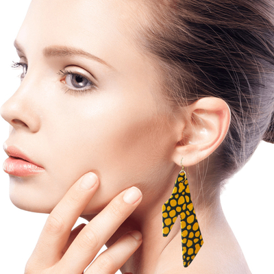 Cotton fabric dangle earrings, 'Elorm Spots' - Yellow and Black Cotton Fabric Dangle Earrings from Ghana