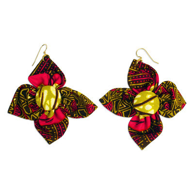 Flower-Shaped Cotton Fabric Dangle Earrings from Ghana