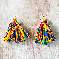 Cat's eye and cotton fabric dangle earrings, 'Ohemaa Elegance' - Cat's Eye and Cotton Fabric Dangle Earrings from Ghana