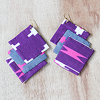 Square Cotton Fabric Dangle Earrings from Ghana,'Mawusi Squares'