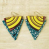 Cotton fabric dangle earrings, 'Klenam Triangles' - Triangular Cotton Fabric Dangle Earrings from Ghana