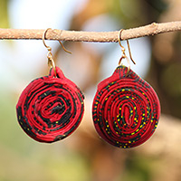 Cotton and recycled glass beaded fabric earrings, 'Red Kaklo' - Red Cotton and Recycled Glass Beaded Fabric Earrings