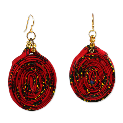 Red Cotton and Recycled Glass Beaded Fabric Earrings