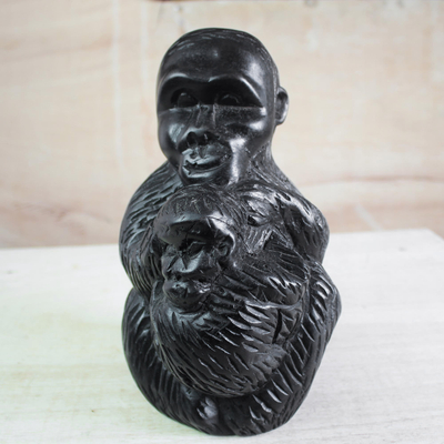 Escultura de madera - Escultura de madre e hijo de madera con temática de mono de Ghana