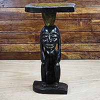 Wood accent table, 'Togbe Ge' - Hand-Carved Sese Wood Accent Table from Ghana