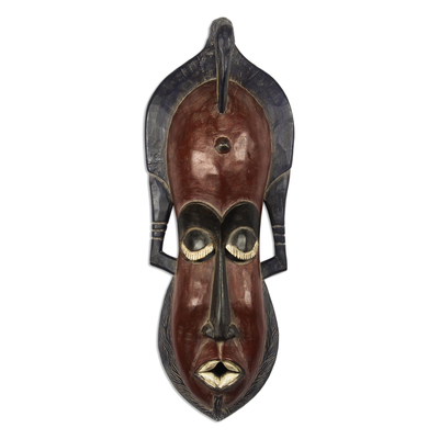 Bird-Themed African Wood Mask in Brown from Ghana