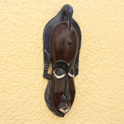 Máscara de madera africana - Máscara de madera africana con temática de aves en marrón de Ghana