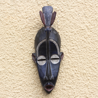 African wood mask, 'Striking Bird' - Bird-Themed African Wood Mask in Black from Ghana