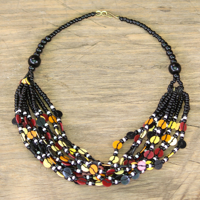 Glass beaded necklace, 'Bright Ghanaian Thank You' - Black-Red-Yellow Ghanaian Necklace of Recycled Beads