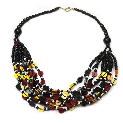 Glass beaded necklace, 'Bright Ghanaian Thank You' - Black-Red-Yellow Ghanaian Necklace of Recycled Beads