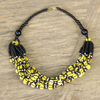 Glass beaded necklace, 'Yellow Ghanaian Thank You' - Black and Yellow Ghanaian Necklace of Recycled Beads