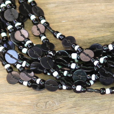 Glass beaded necklace, 'Midnight Ghanaian Thank You' - Black Ghanaian Necklace of Recycled Beads