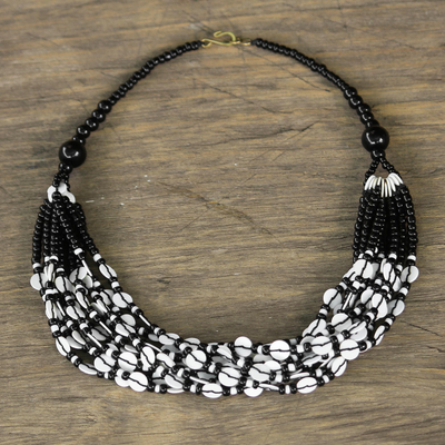 Glass beaded necklace, 'White Ghanaian Thank You' - Black and White Ghanaian Necklace of Recycled Beads