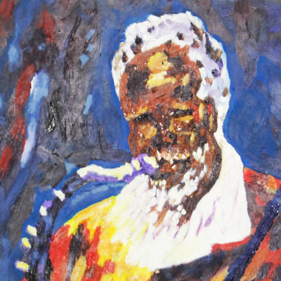 Jazz Musik I' - Signiertes expressionistisches Gemälde eines Musikers aus Ghana