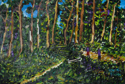 'Forestry Scene' - Signed Forest Landscape Impressionist Painting from Ghana