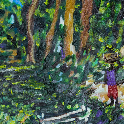 'Escena forestal' - Pintura impresionista de paisaje forestal firmada de Ghana
