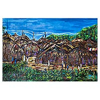 'Village Scene II' - Pintura de paisaje de escena de aldea impresionista de Ghana