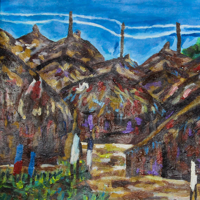 'Village Scene II' - Impressionist Village Scene Landscape Painting from Ghana