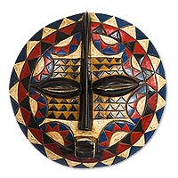 African wood mask, 'Multicolored Designs' - Triangle Pattern African Wood Mask from Ghana