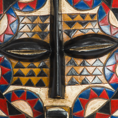 African wood mask, 'Multicolored Designs' - Triangle Pattern African Wood Mask from Ghana