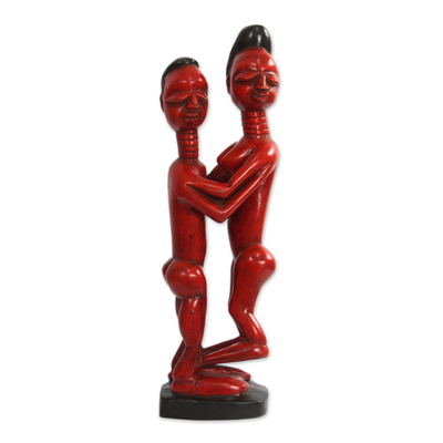 Wood sculpture, 'Red Lovers' - Romantic Sese Wood Sculpture in Red from Ghana