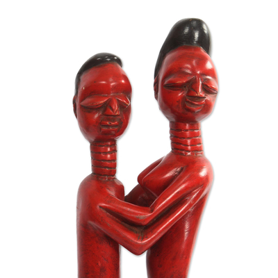 Wood sculpture, 'Red Lovers' - Romantic Sese Wood Sculpture in Red from Ghana