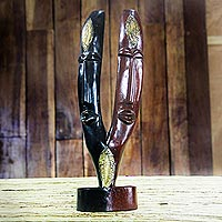 Wood sculpture, 'We Are Together' - Black and Brown Wood Sculpture with Brass Accents from Ghana