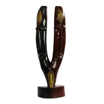 Wood sculpture, 'We Are Together' - Black and Brown Wood Sculpture with Brass Accents from Ghana