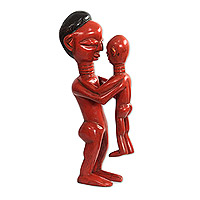 Wood sculpture, 'Good Father' - Sese Wood Father and Child Sculpture in Red from Ghana
