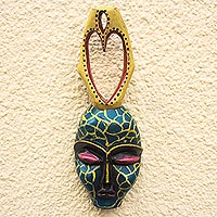 African wood mask, 'Yellow Veins' - Yellow and Green Heart-Themed African Wood Mask from Ghana