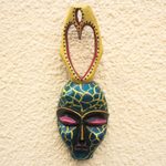 African wood mask, 'Yellow Veins' - Yellow and Green Heart-Themed African Wood Mask from Ghana
