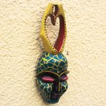 African wood mask, 'Yellow Veins' - Yellow and Green Heart-Themed African Wood Mask from Ghana