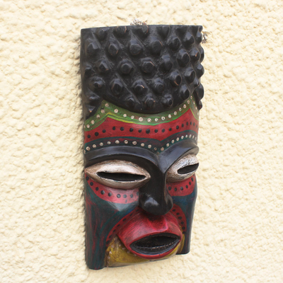 African wood mask, 'Colorful Rasta' - Rastafarian-Themed African Wood Mask from Ghana
