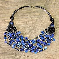 Glass beaded necklace, 'Blue Ghanaian Thank You' - Black and Blue Ghanaian Necklace of Recycled Beads