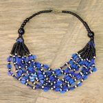 Glass beaded necklace, 'Blue Ghanaian Thank You' - Black and Blue Ghanaian Necklace of Recycled Beads