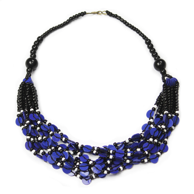 Glass beaded necklace, 'Blue Ghanaian Thank You' - Black and Blue Ghanaian Necklace of Recycled Beads
