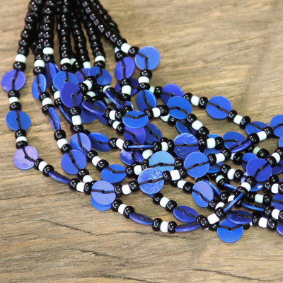 Glass beaded necklace, 'Blue Ghanaian Thank You' - Black and Blue Ghanaian Necklace of Recycled Beads