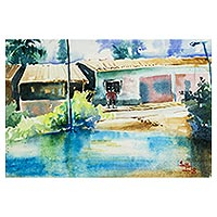 'Tranquility' - Signed Impressionist Painting of a Village from Ghana