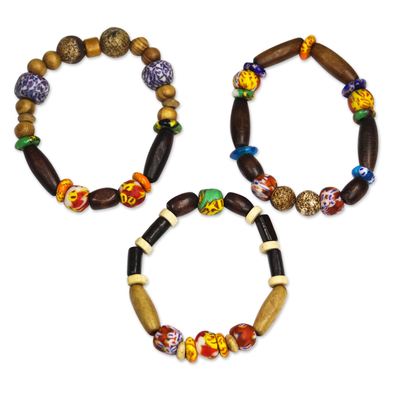 Wood and Recycled Glass Beaded Stretch Bracelets (Set of 3)