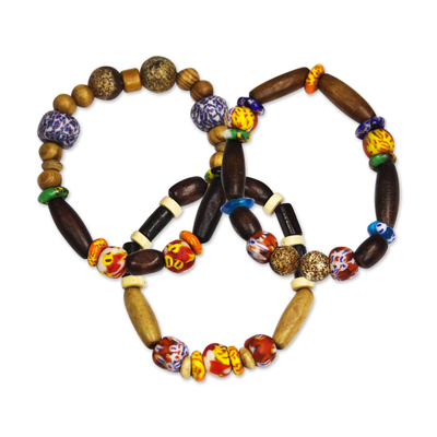 Wood and recycled glass beaded stretch bracelets, 'Eco Friends' (set of 3) - Wood and Recycled Glass Beaded Stretch Bracelets (Set of 3)