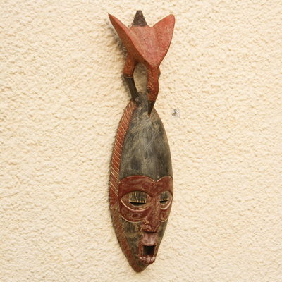 African wood mask, 'Eagle Head' - African Wood Mask with an Eagle on Top from Ghana