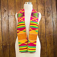 Kente-Schal aus Rayon- und Baumwollmischung, „Fathia Elegance“ (1 Streifen) – Vibrant One Cotton Blend Kente-Schal aus Ghana
