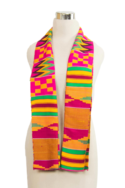 Cotton blend kente scarf, 'Fathia Elegance' (2 strips) - Two-Strip Handwoven Green and Red African Kente Scarf