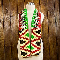 Cotton blend kente scarf, 'Akan Blessing' (2 strips) - Two Strips Handwoven Green and Red African Kente Scarf