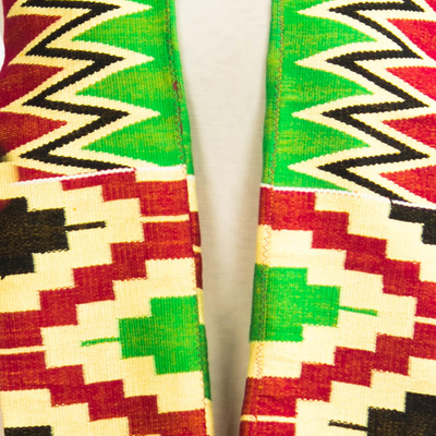 Cotton blend kente scarf, 'Akan Blessing' (2 strips) - Two Strips Handwoven Green and Red African Kente Scarf