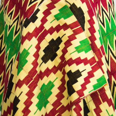 Cotton blend kente shawl, 'Akan Blessing' (4 strips) - Four Strips Handwoven Green and Red African Kente Shawl